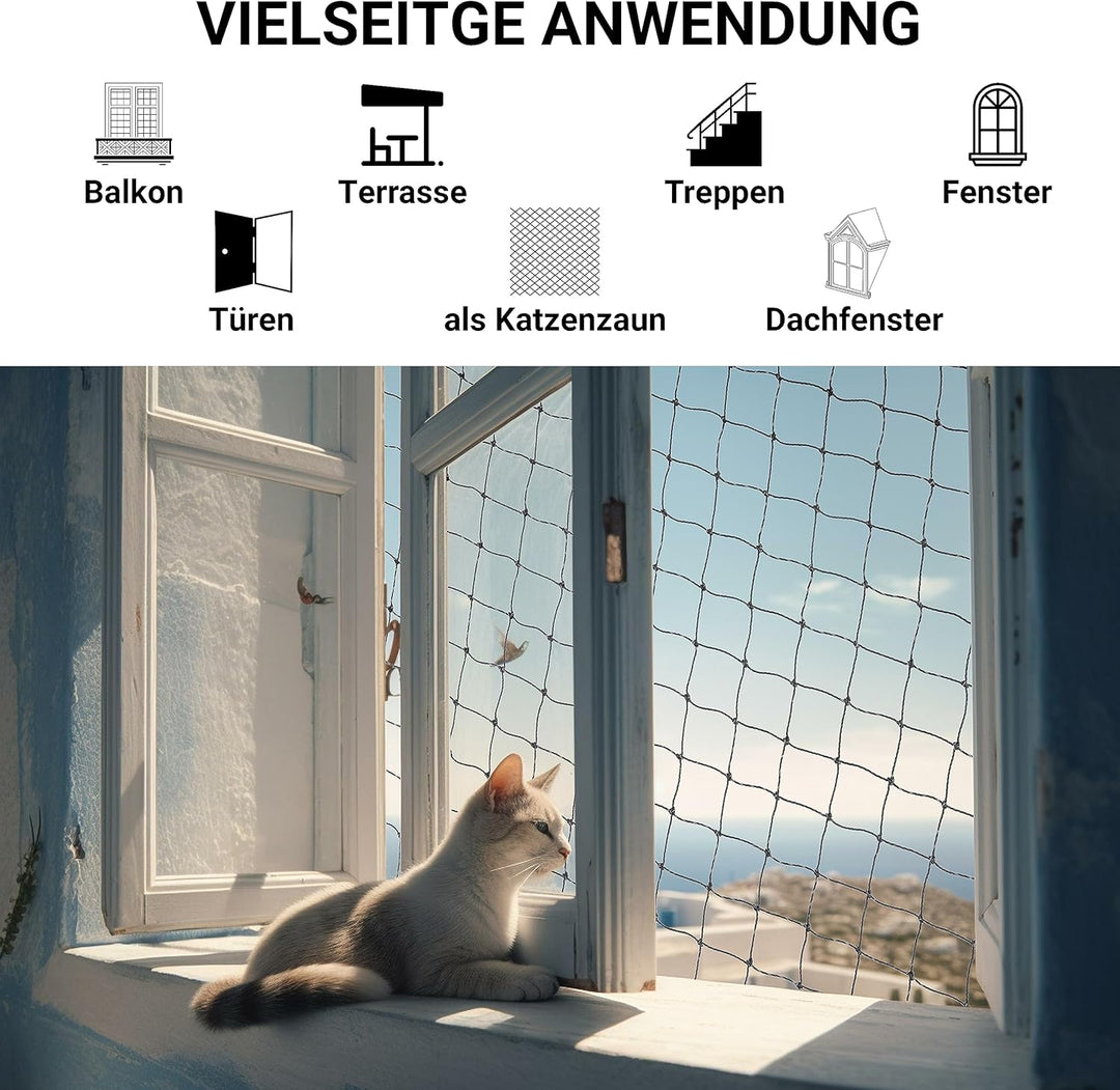 FinoPet Katzennetz für Balkon drahtverstärkt 8x3 Meter inklusive Befestigungsmaterial, Katzenschutzn