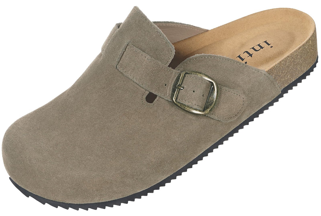 Intini Clogs Damen Herren Hausschuhe mit Fussbett Leder Pantoletten Gartenschuhe Geschlossene Bequem