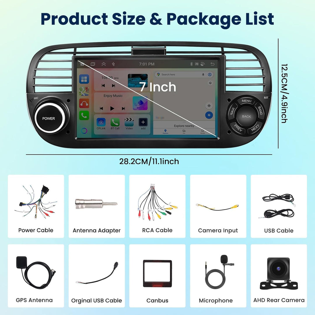 [6G+128G] Inefala Android 15 Autoradio für FIAT 500 2007-2015 mit Wireless Carplay Android, 7 Zoll T