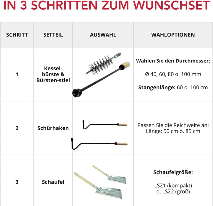 6 Tlg. Kaminbesteck: Schürhaken + Besen + Ascheschaber 70cm + Heizkesselbürste mit Schubstange + Koh