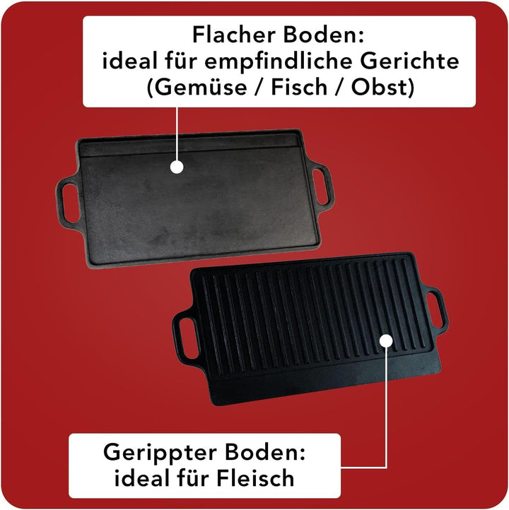 Baumalu - 42 cm Gusseisen-Grillplatte, beidseitig nutzbar, Masse 50,5 x 2 x 23 cm, Elegante Schwarze