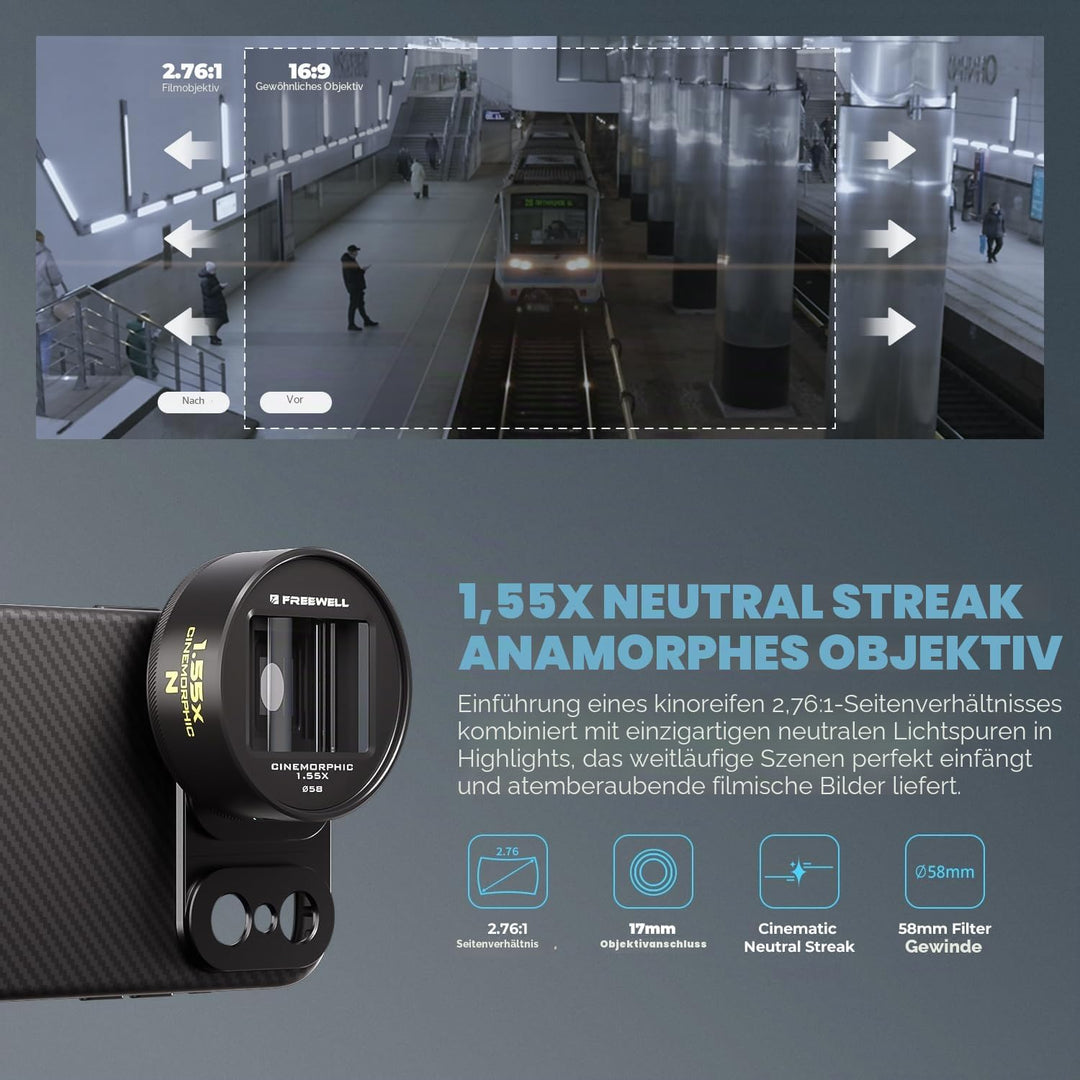 Freewell 1,55 x neutrales anamorphes Linse, kompatibel mit 17 mm Mount iPhone & Samsung – Cinematic