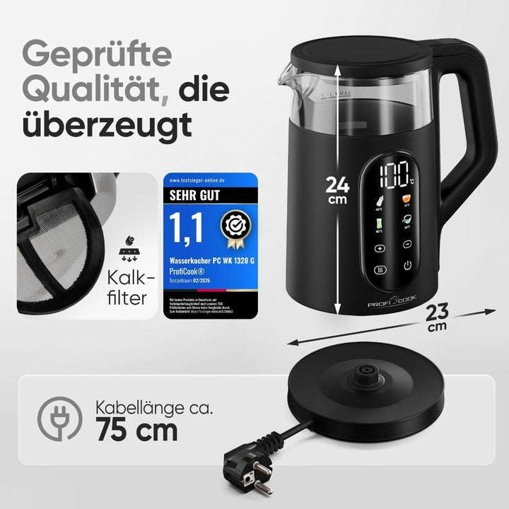 ProfiCook® Wasserkocher mit Temperatureinstellung | 40-100°C | 1,7L | Schnellstartfunktion | 2200W |