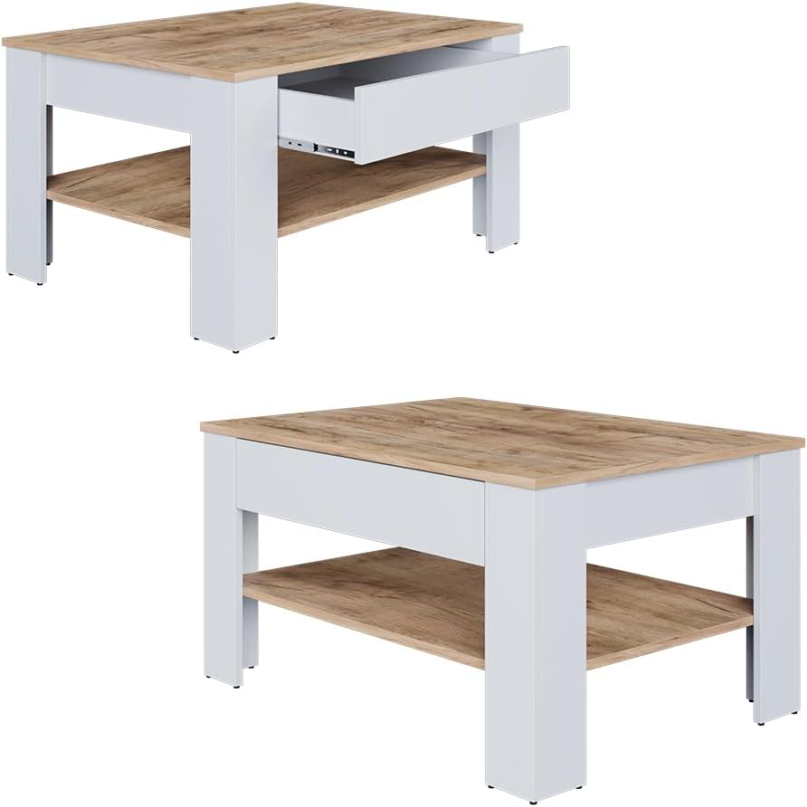 Vicco Couchtisch Milan, Wohnzimmertisch mit Schublade, Weiss/Goldkraft Eiche, 92.2 x 65 cm, Weiß