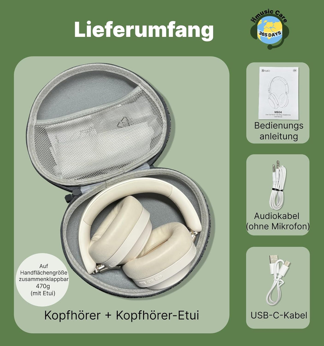 Hmusic MS04 4-Mic Aktive Noise Cancelling-Kopfhörer, 2 Mic ENC, 80H Spielzeit, Over-Ear-Bluetooth-Ko