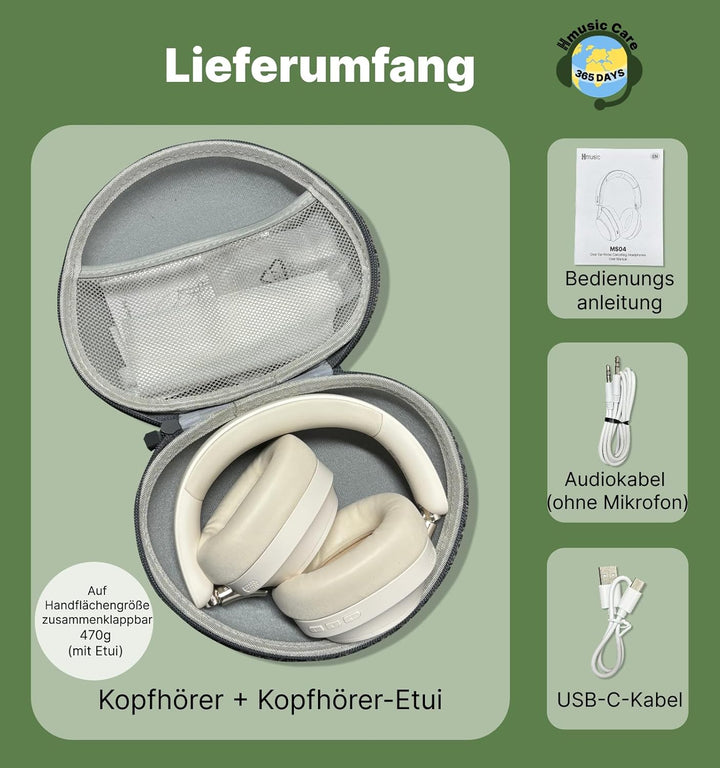 Hmusic MS04 4-Mic Aktive Noise Cancelling-Kopfhörer, 2 Mic ENC, 80H Spielzeit, Over-Ear-Bluetooth-Ko