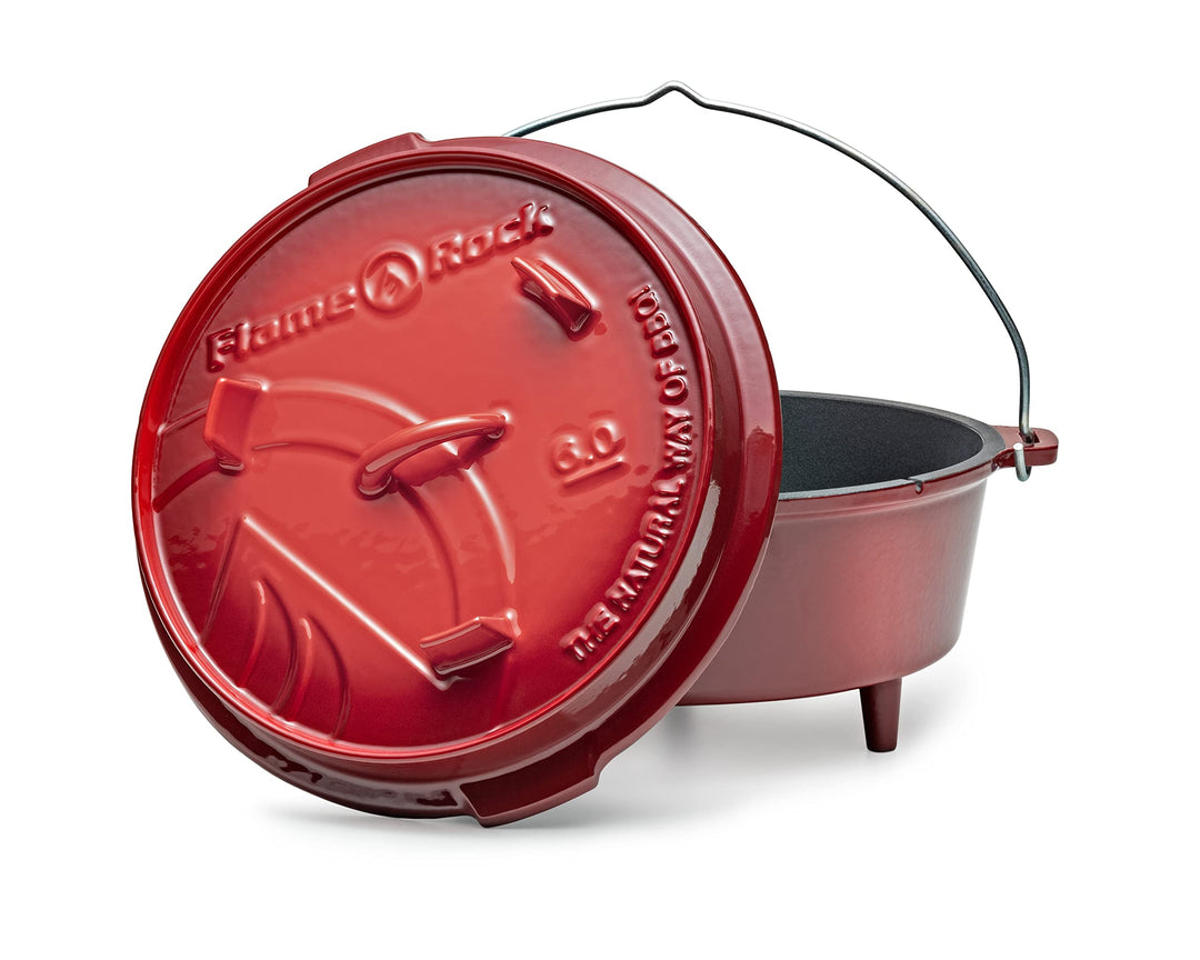 FLAME ROCK Dutch Oven 6.0, rot emailliert, gusseiserner Feuertopf mit 6 Liter Fassungsvermögen, bere