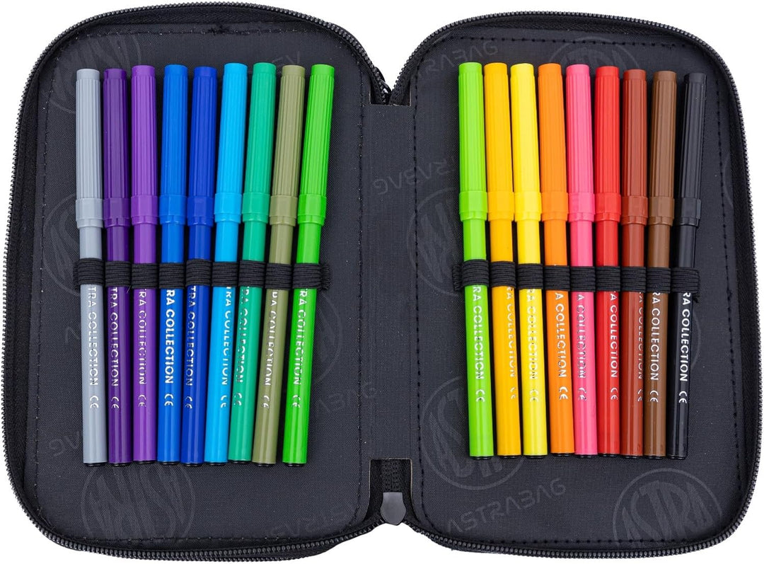 ASTRABAG Blue Pixel 3-Fach Mäppchen Federmappe Gefüllt dreifaches Federmäppchen, Schüleretui 3-stöck