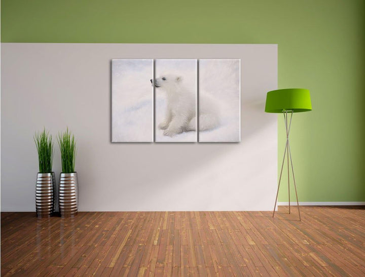 Pixxprint Eisbär Baby als Leinwandbild/Grösse: 3 Teilig (120x80 cm) cm/Wandbild/Kunstdruck/fertig be
