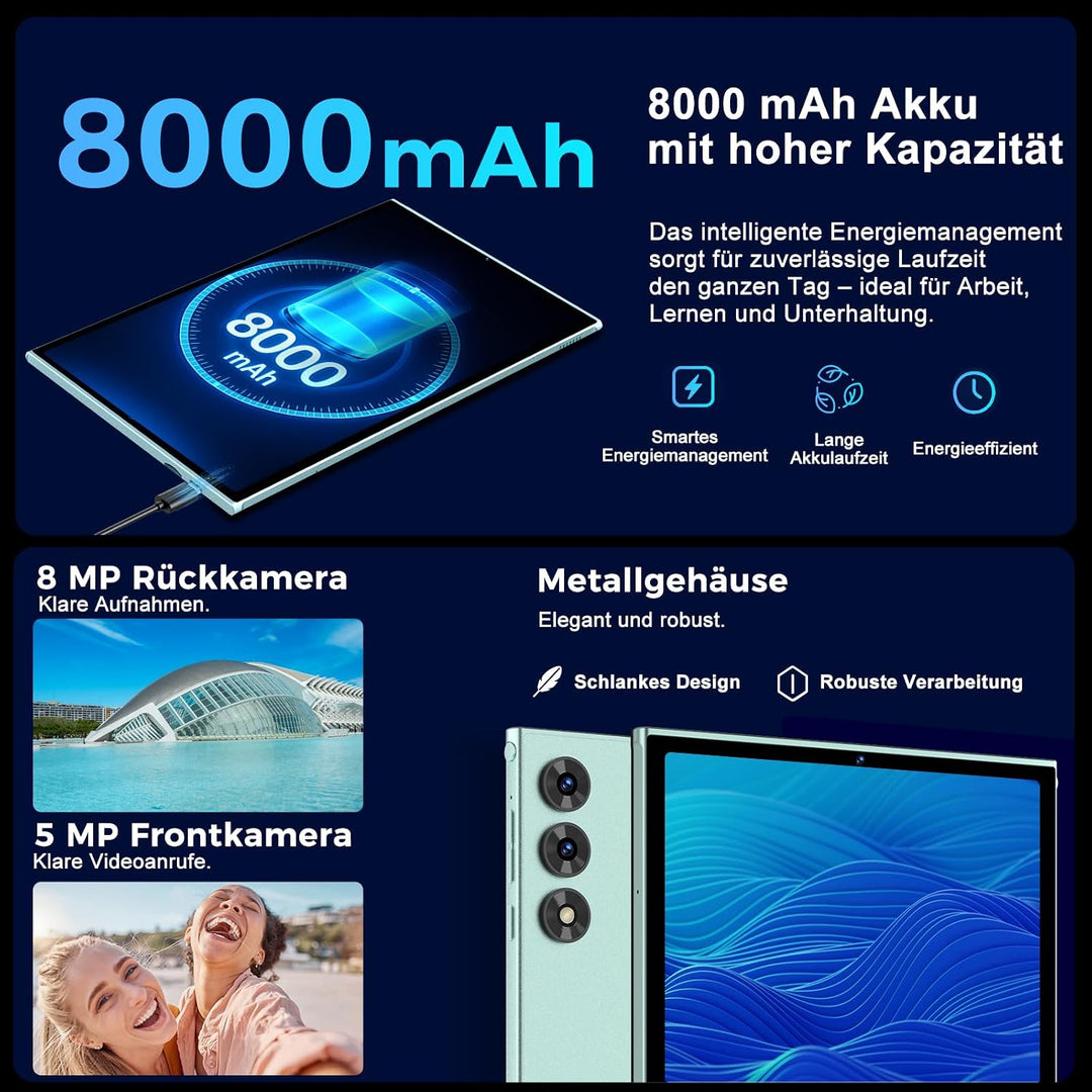 Tablet 10 Zoll mit Tastatur und Maus, Android 15 mit Gemini AI, 30 GB RAM + 128 GB ROM, Erweiterbar