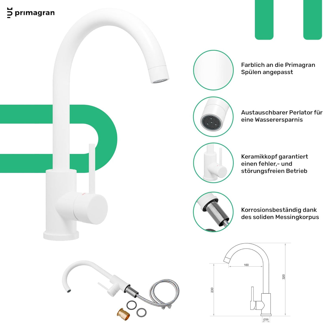 PRIMAGRAN Granitspüle Weiss 58x50cm, Spülbecken 1 Becken + Ablauf-Set + Küchenarmatur 32x20cm, Küche