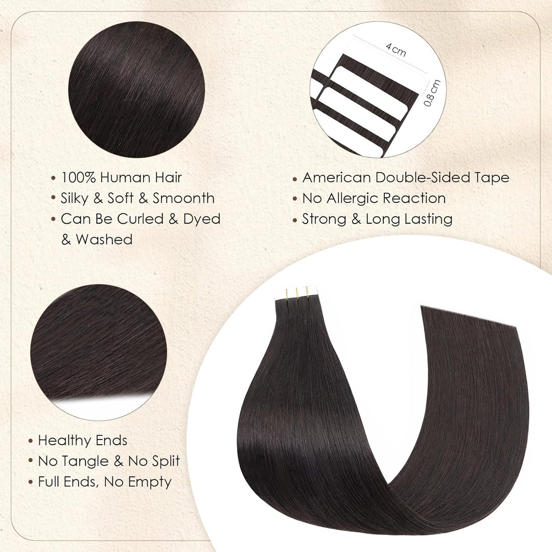 Elailite Tape Extensions Echthaar #1B Naturschwarz, 10 Stück Unsichtbar Kleber Haarverlängerungen 20