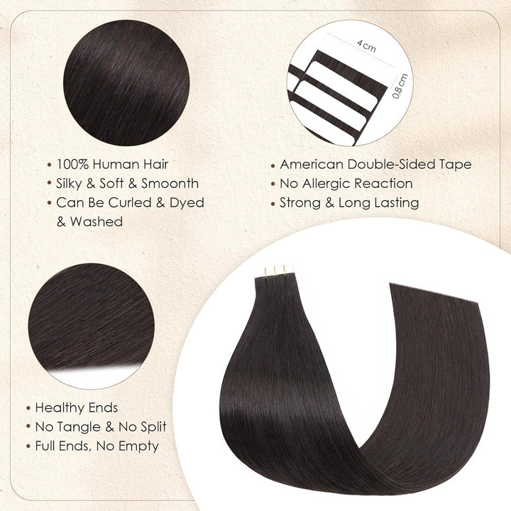 Elailite Tape Extensions Echthaar #1B Naturschwarz, 10 Stück Unsichtbar Kleber Haarverlängerungen 20