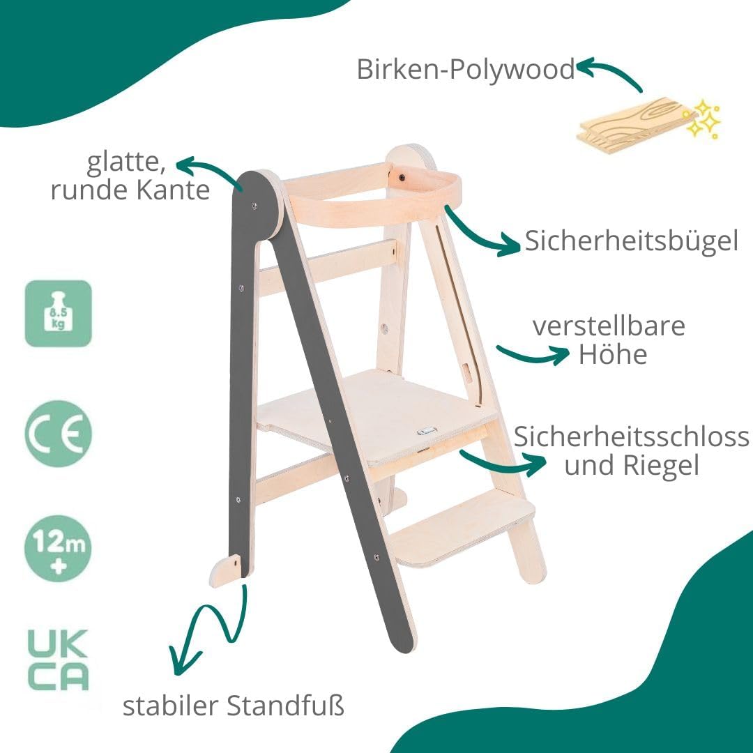 Montessorianischer Lernturm, faltbar, vielseitig einsetzbar, aus natürlichem Birkenholz mit 3 verste