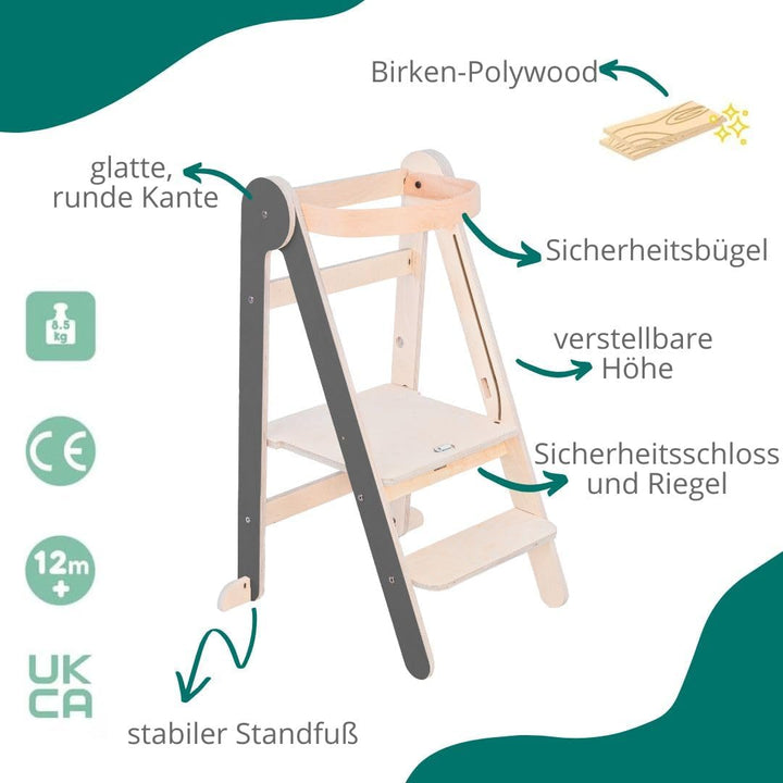 Montessorianischer Lernturm, faltbar, vielseitig einsetzbar, aus natürlichem Birkenholz mit 3 verste