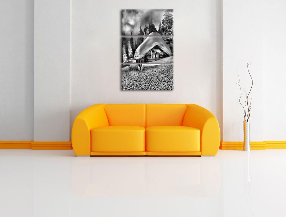 Pixxprint Hütte in Schneelandschaft als Leinwandbild/Grösse: 3 Teilig (120x80 cm) cm/Wandbild/Kunstd