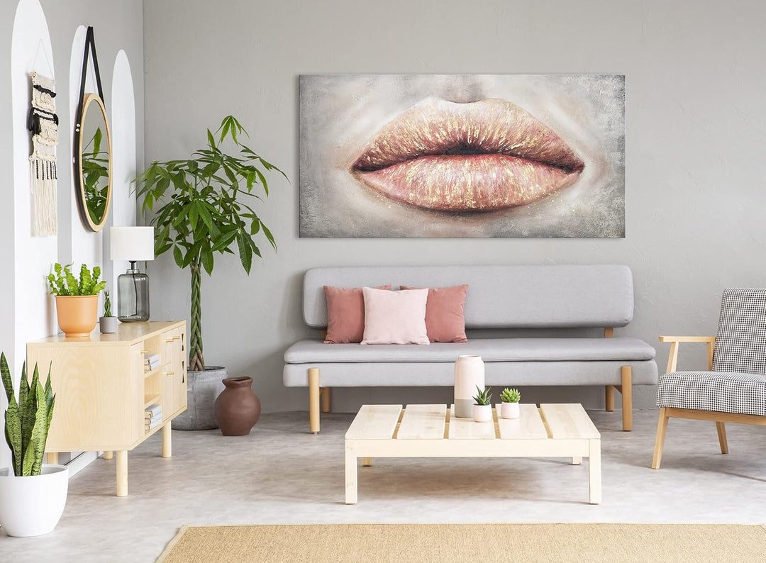 YS-Art Abstrakt Acryl Gemälde auf Leinwand Kussmund handgemalt Wandbilder Wohnzimmer modern Wohndeko