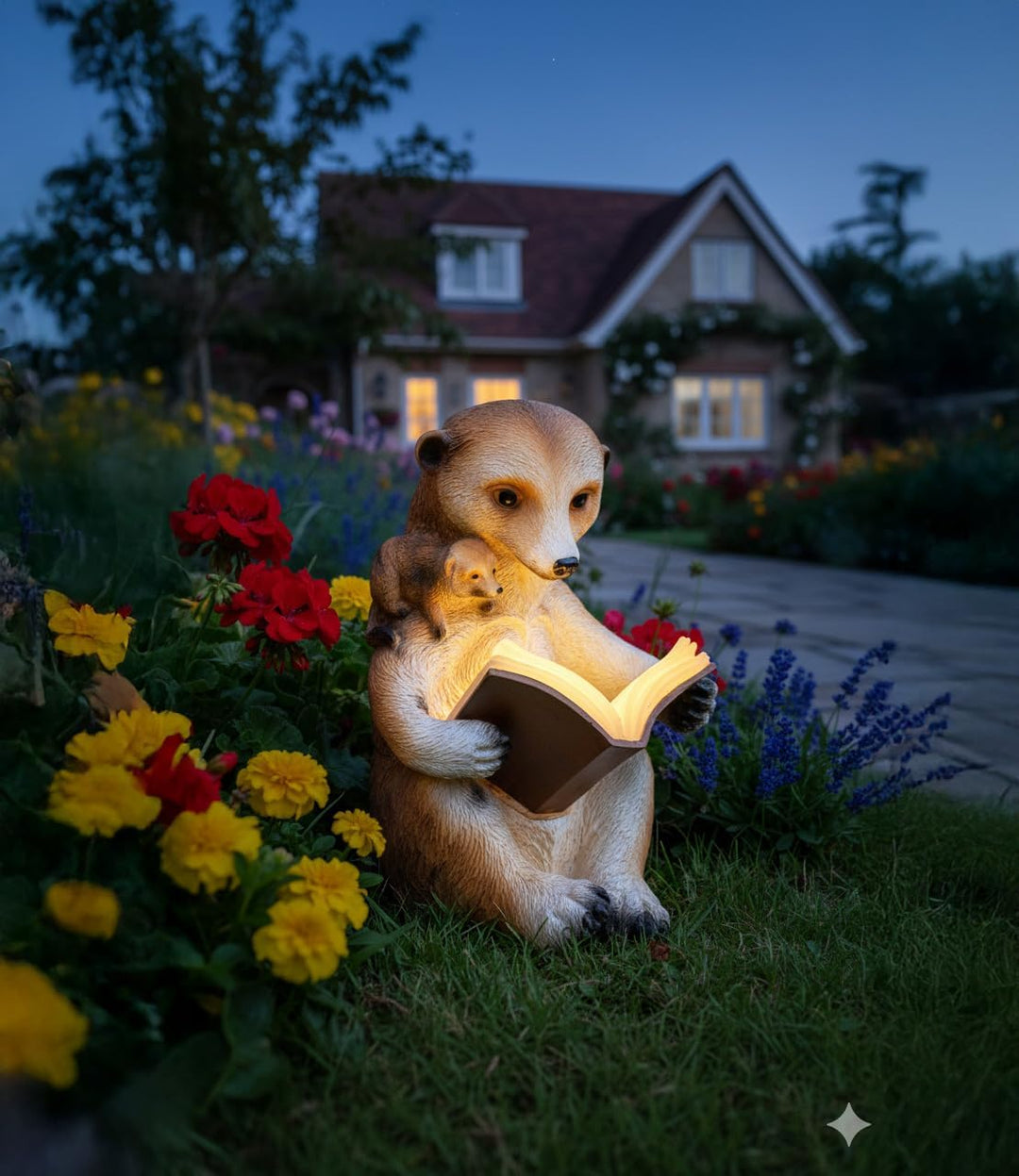 Kremers Schatzkiste Solar Erdmännchen Mama liest Kind vor Figur Gartenfigur 20 cm Meercat Tierfigur