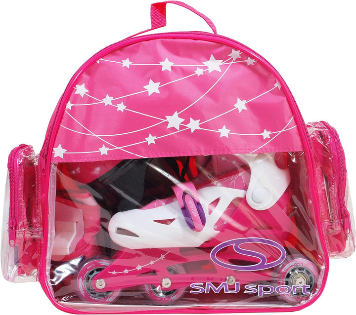 SMJ Kinder Mädchen Set 2in1 Inliner Rollschuhe VERSTELLBAR Inline Skates mit LED Rollen + Schonerset
