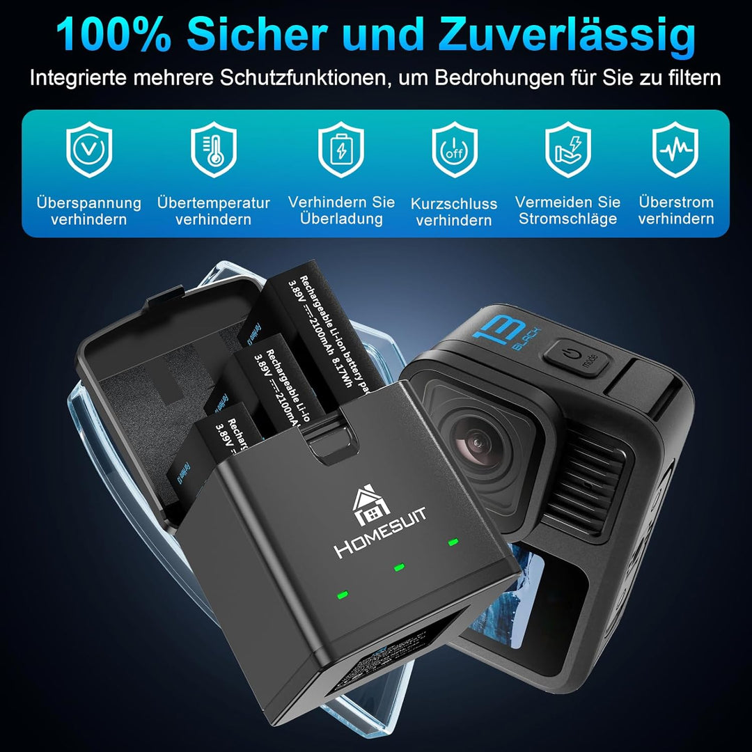 Homesuit Hero 13 Akku 2100mAh und LED 3-Kanal USB Speicherladegerät für GoPro Hero 13 Black Enduro W