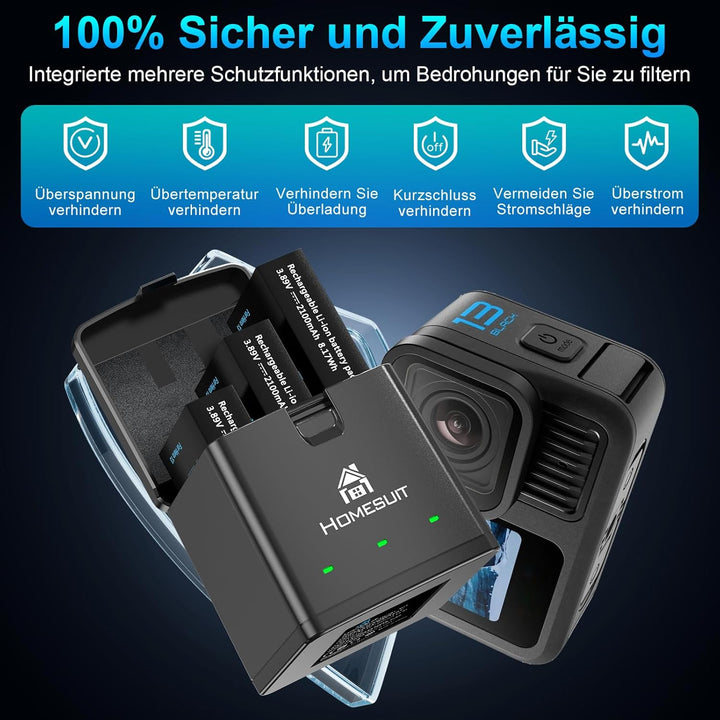 Homesuit Hero 13 Akku 2100mAh und LED 3-Kanal USB Speicherladegerät für GoPro Hero 13 Black Enduro W