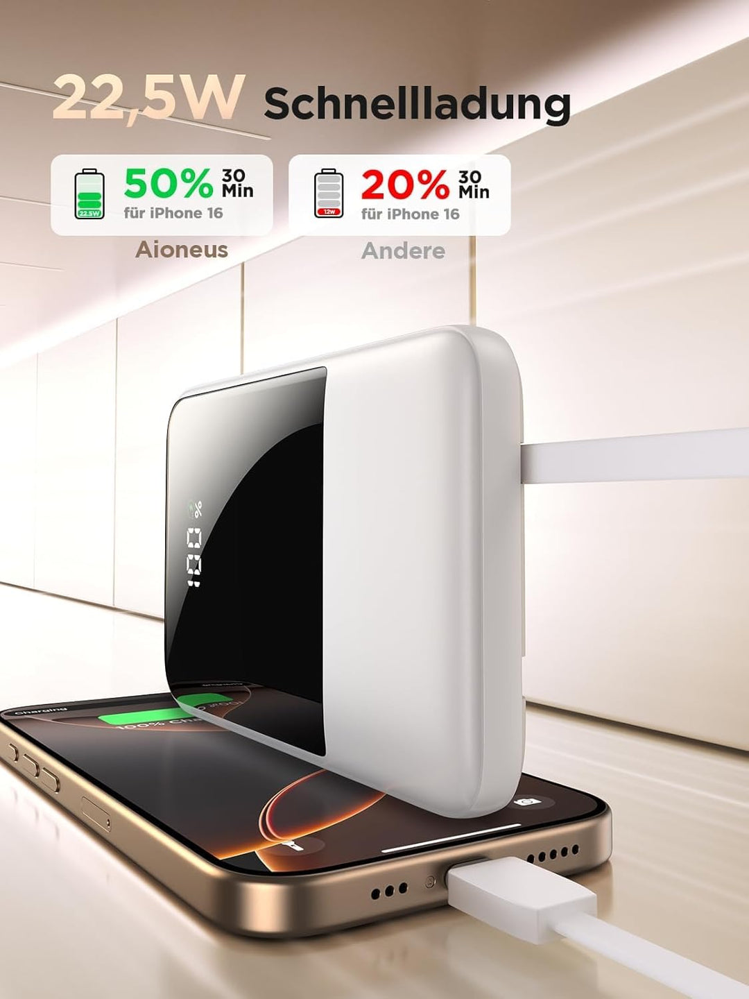 Aioneus Power Bank, Mini Powerbank 10000mAh mit integrierte Kabel (USB-C + Lightning) - Klein 22.5W