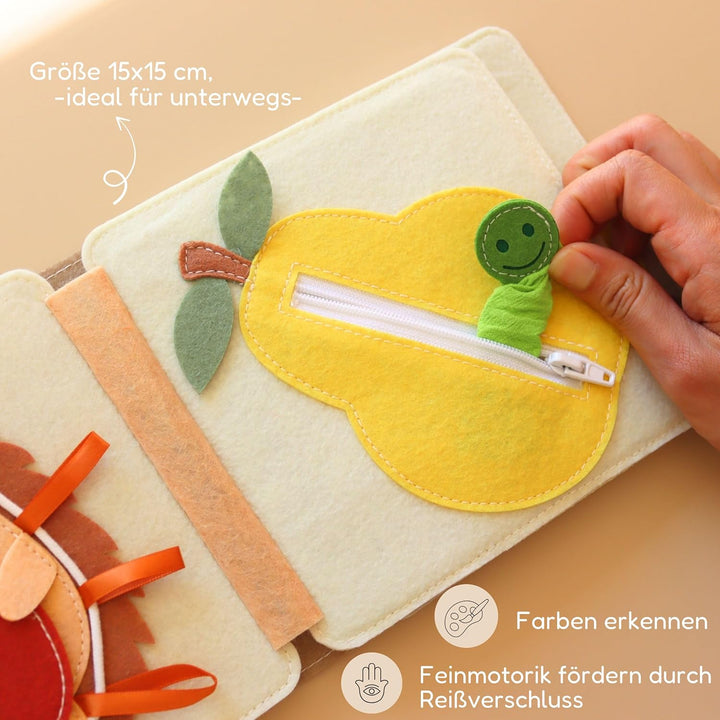Mini Quiet Book Bärchen – Handgefertigtes Filz-Sensorikbuch mit Fingerpuppe – Bildschirmfreies Spiel