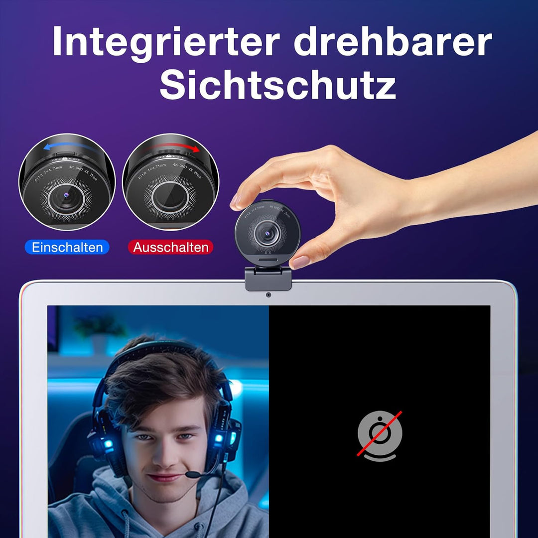 EMEET S800 4K Webcam Mit 2 Mikrofonen, Rauschunterdrückung, 73° Sichtfeld, Lichtkorrektur, Datenschu