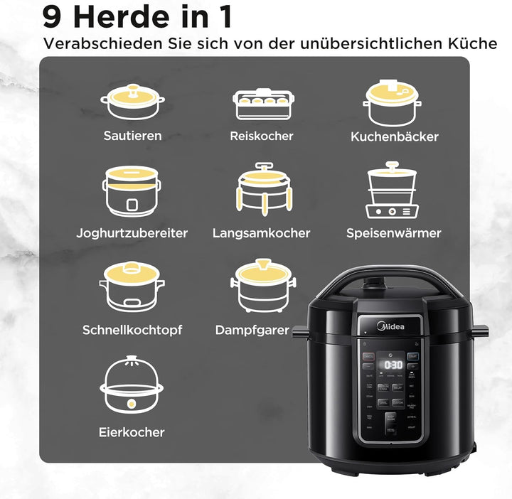 Midea Elektrischer Schnellkochtopf 9-in-1, 12 Voreinstellungen Instant-Multikocher Antihaft-Topf Jog