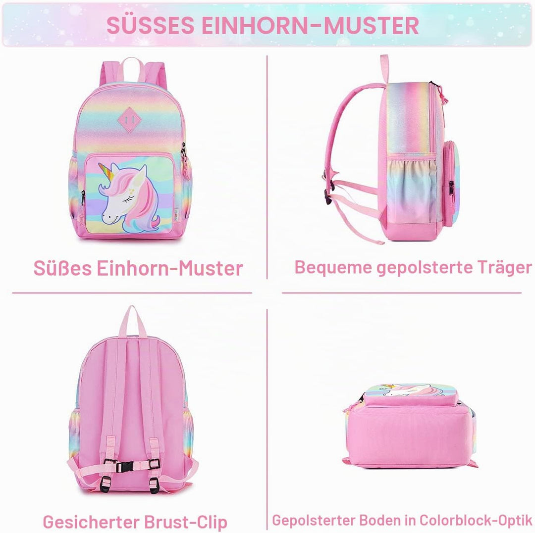 VASCHY Mädchen Schulrucksack 4-6 Jahre Schulrucksack mit Seitentaschen und Brustgurt 127-einhorn, 12