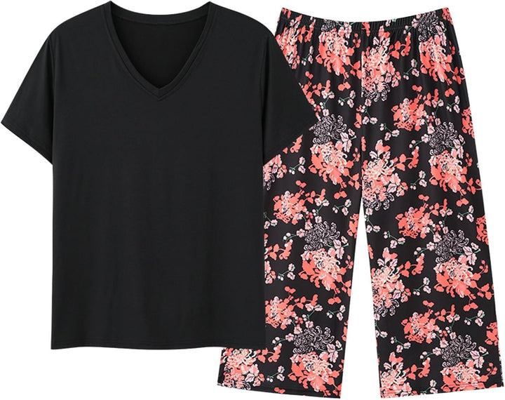 Generisch Rentier Schlafanzug Damen Top Capri Hosen Nachtwäsche Plus Pyjama Mit Knopfleiste Schwarz