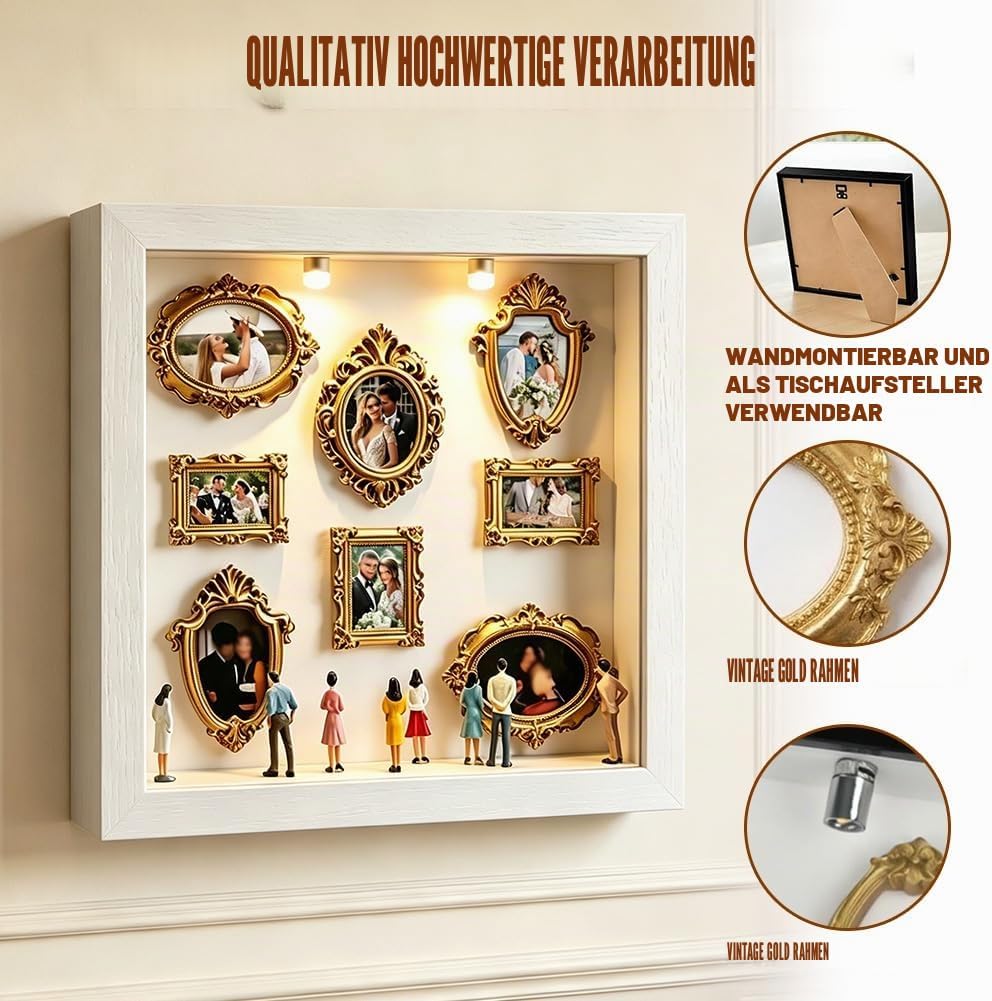 DIY Mini Museum Shadow Box mit LED Licht - Mini Bilderrahmen Vintage Set mit 8 Gold Rahmen & 8 Figur