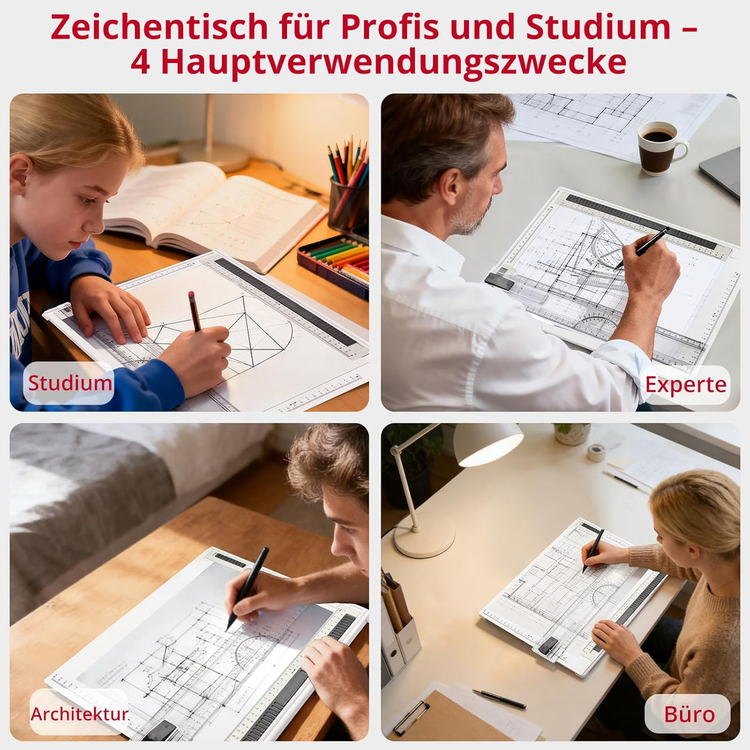 XUNTOP Generisch Professionelle Zeichenplatte Zeichenbrett A4 tellbar mit Schiebelineal Zeichendreie