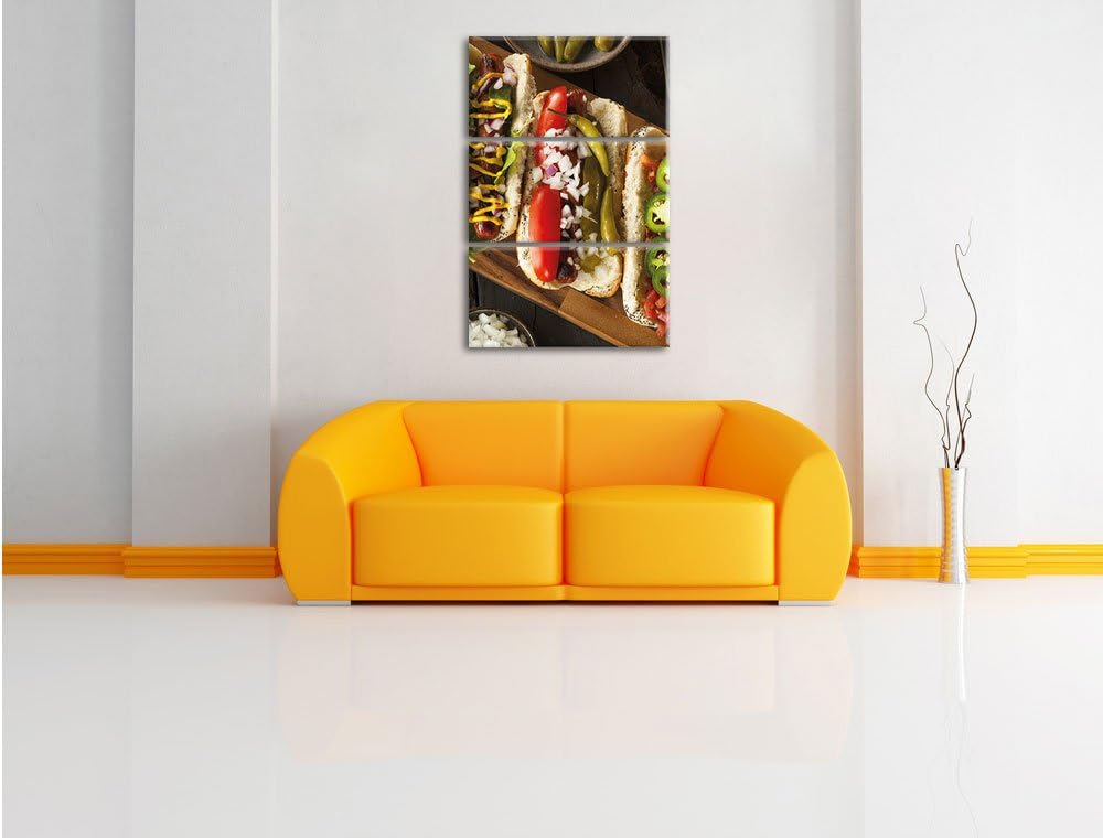 Pixxprint Amerikanische Hotdogs als Leinwandbild 3 teilig/Grösse: 3 Teilig (120x80) / Wandbild/Kunst