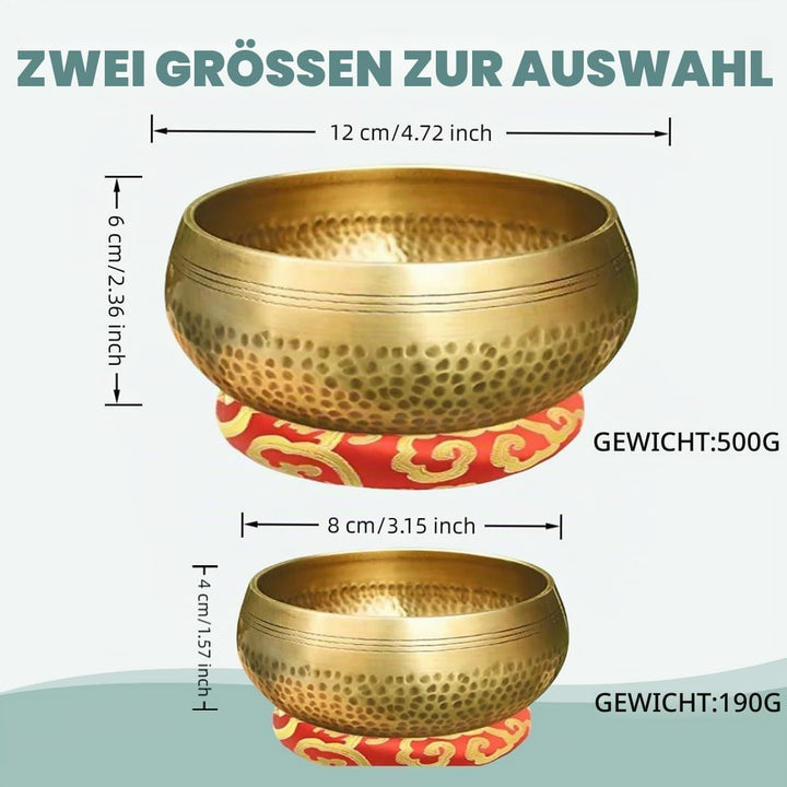 Tibetisches Klangschalen-Set Ø 8 &amp; 12 cm mit Chilin-Muster Inkl. Holzklöppel &amp; Schalenkissen | Handg