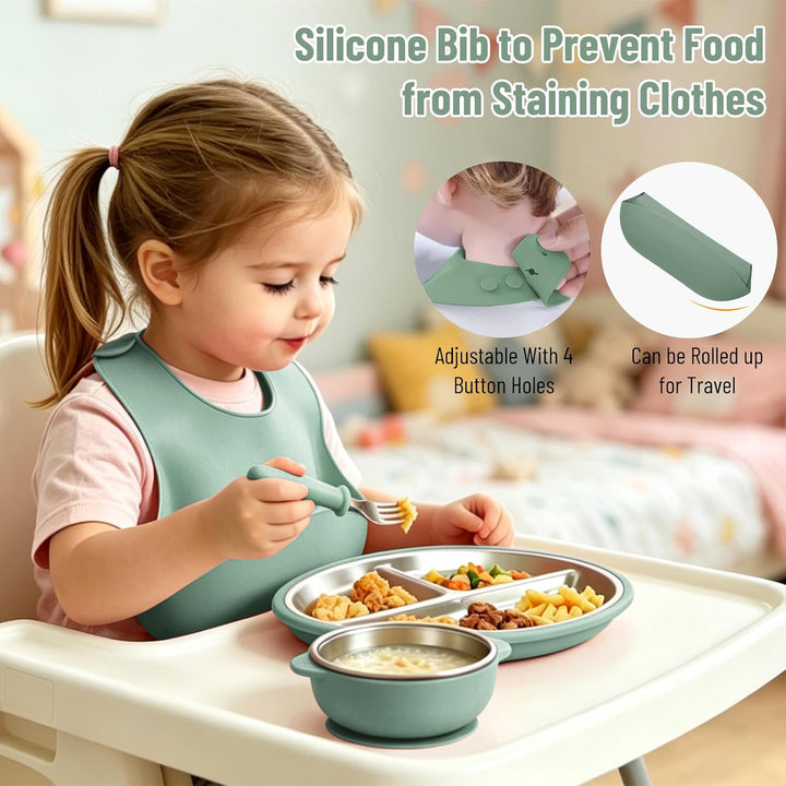 6er Set Edelstahl Baby Geschirrset mit Silikonhülle,BPA-freies Armeegrün, Armeegrün