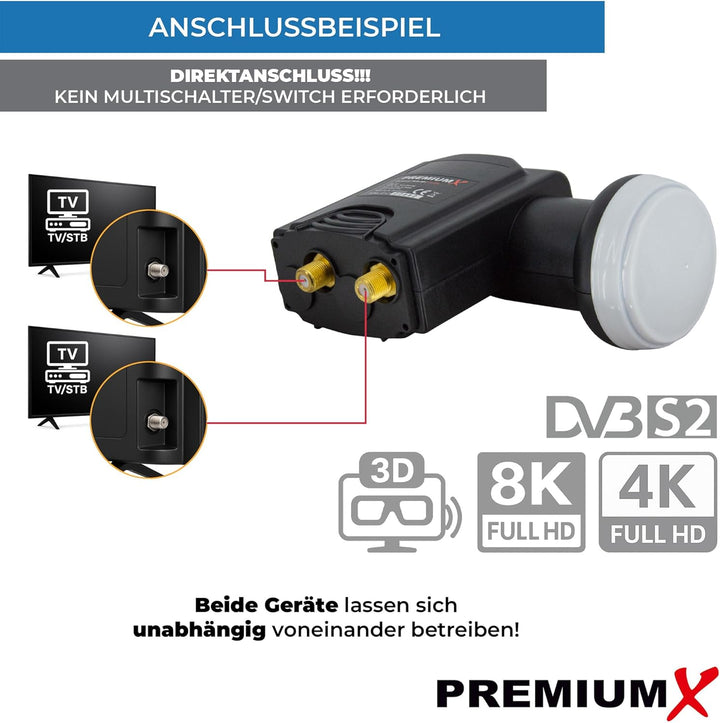 Premium X Deluxe Twin LNB - Signalumsetzer für 2 Teilnehmer mit digitalem SAT-Empfang in HD, UHD &amp; 4