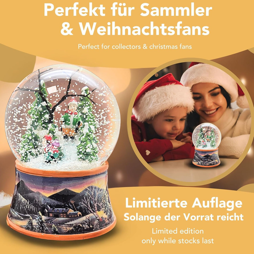 Schneekugel Weihnachten mit Musik | Nostalgische Skifahrer | Sockel Winterlandschaft Ocker| H: 14cm