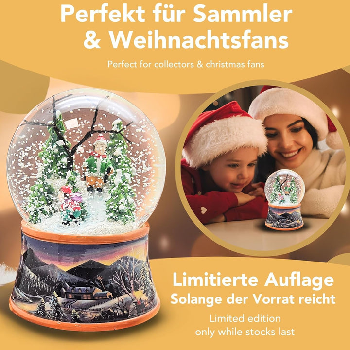 Schneekugel Weihnachten mit Musik | Nostalgische Skifahrer | Sockel Winterlandschaft Ocker| H: 14cm