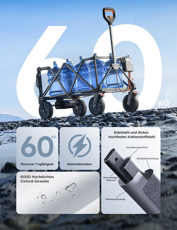 Litheli Elektrowagen Bollerwagen faltbar, Handwagen faltbar mit Motor &amp; Bremsen, 200L 60KG geeignet