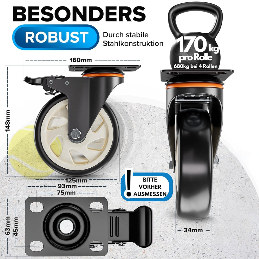 PEARWAY™ Premium Lenkrollen 125mm mit Bremse [4 Stk bis 680kg] inkl. Montagezubehör I Robuste Transp
