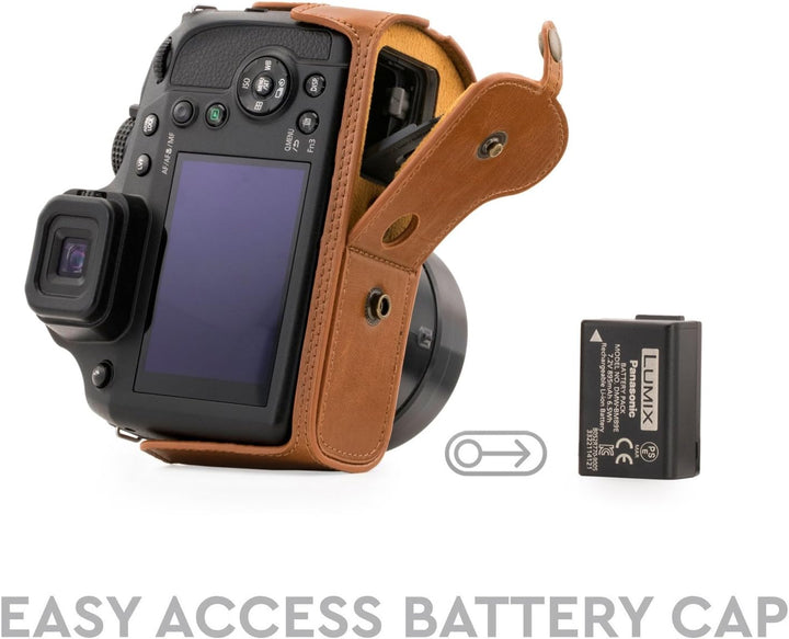 MegaGear Panasonic Lumix DC-FZ80, FZ82 Ever Ready Leder Kamera-Case mit Trageriemen und Batteriezuga