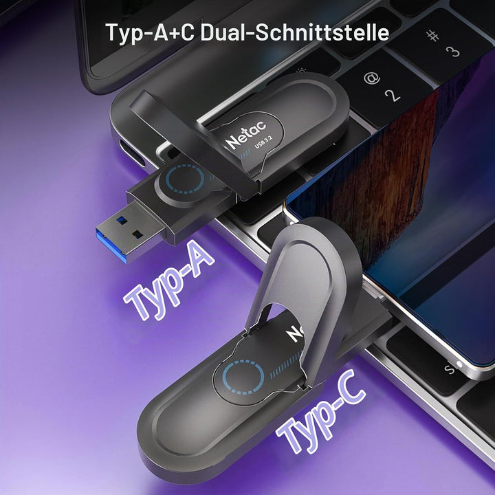 Netac US9 512GB Tragbare SSD 512GB bis zu 1000MB/S, Dual Type-C und USB 3.2 Ports Externe Solid Stat