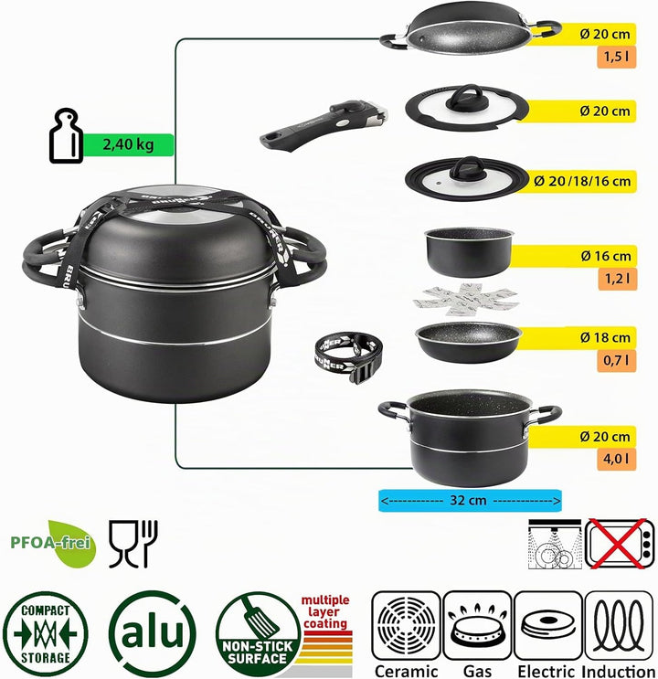 BRUNNER Camping Kochgeschirr-Set Alu (Töpfe und Pfannen) - ø 20, 22 oder 24-cm Pirate Vakublock - 4