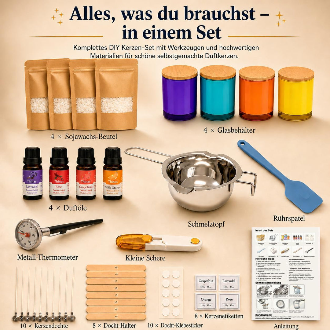 Thinas Kerzen Selber Machen Set – Komplettes Candle Making Kit mit Sojawachs, 4 Gläsern mit Bambusde