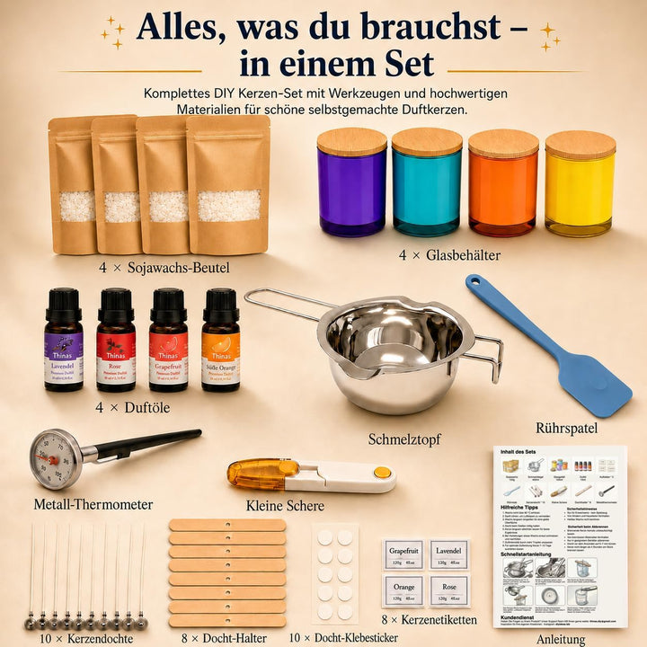 Thinas Kerzen Selber Machen Set – Komplettes Candle Making Kit mit Sojawachs, 4 Gläsern mit Bambusde