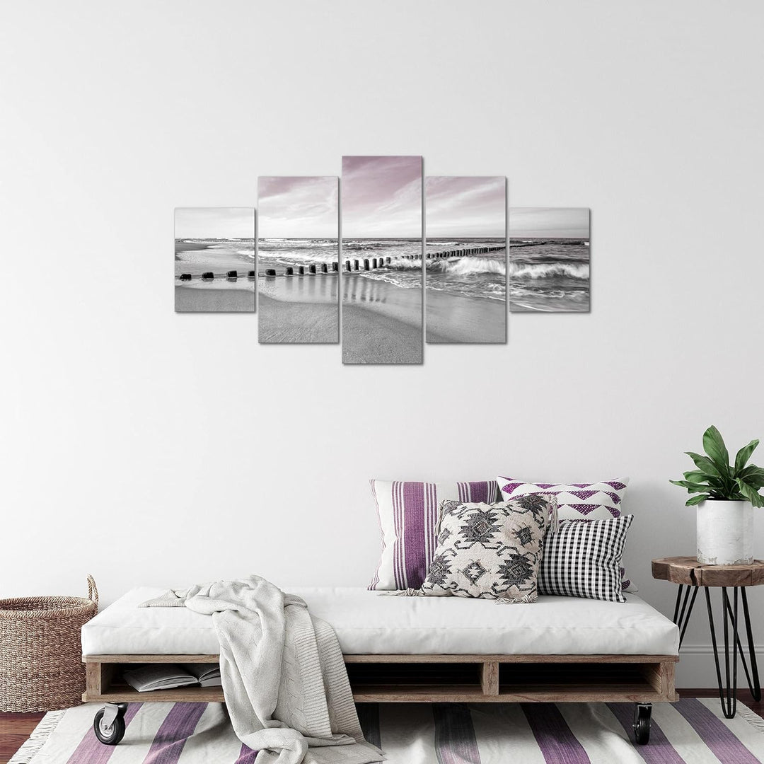 Runa Art Bild Schlafzimmer Wohnzimmer Strand Meer 5 Teilig Landschaft Grau Rosa Wandbilder auf Vlies