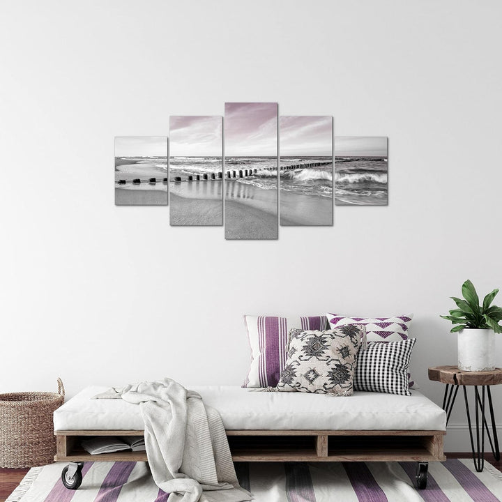 Runa Art Bild Schlafzimmer Wohnzimmer Strand Meer 5 Teilig Landschaft Grau Rosa Wandbilder auf Vlies