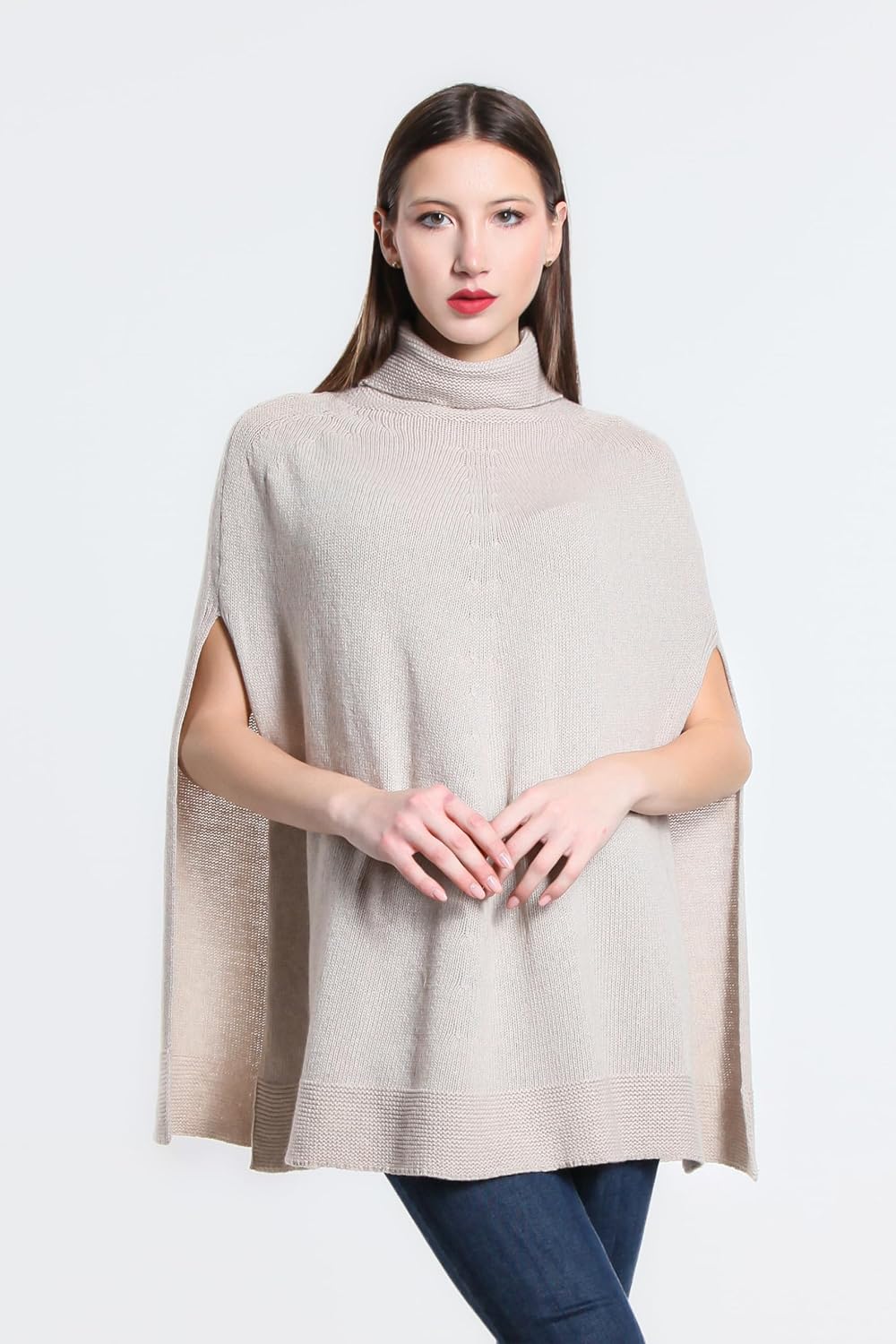 Damen Strickponcho Flechtmuster Rundhals Weich Herbst (Code 5348) Einheitsgrösse 8840 Beige, Einheit