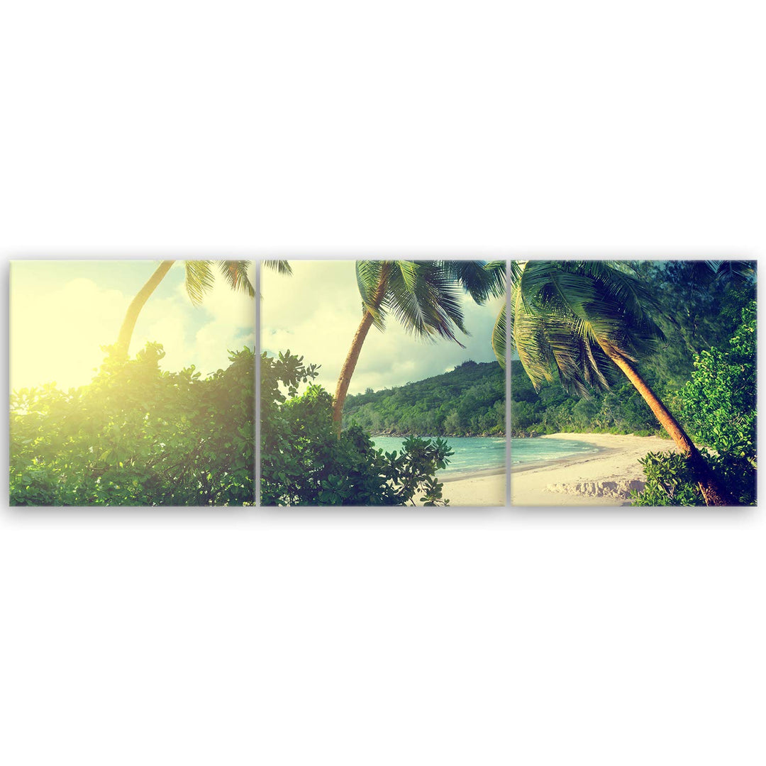 ge Bildet Bild auf Leinwand | Landschaftsbilder - Sonnenuntergang am Strand - Seychellen F in 120x40